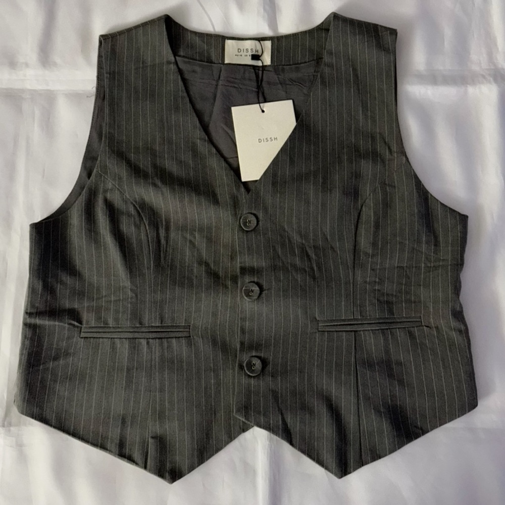 NWT DISHH Diego Grey & White Pinstripe Sleeveless Vest